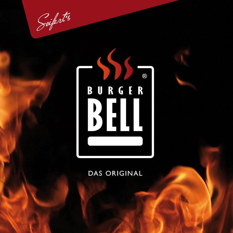 Logo BurgerBell vor schwarzem Hintergrund mit Flammen