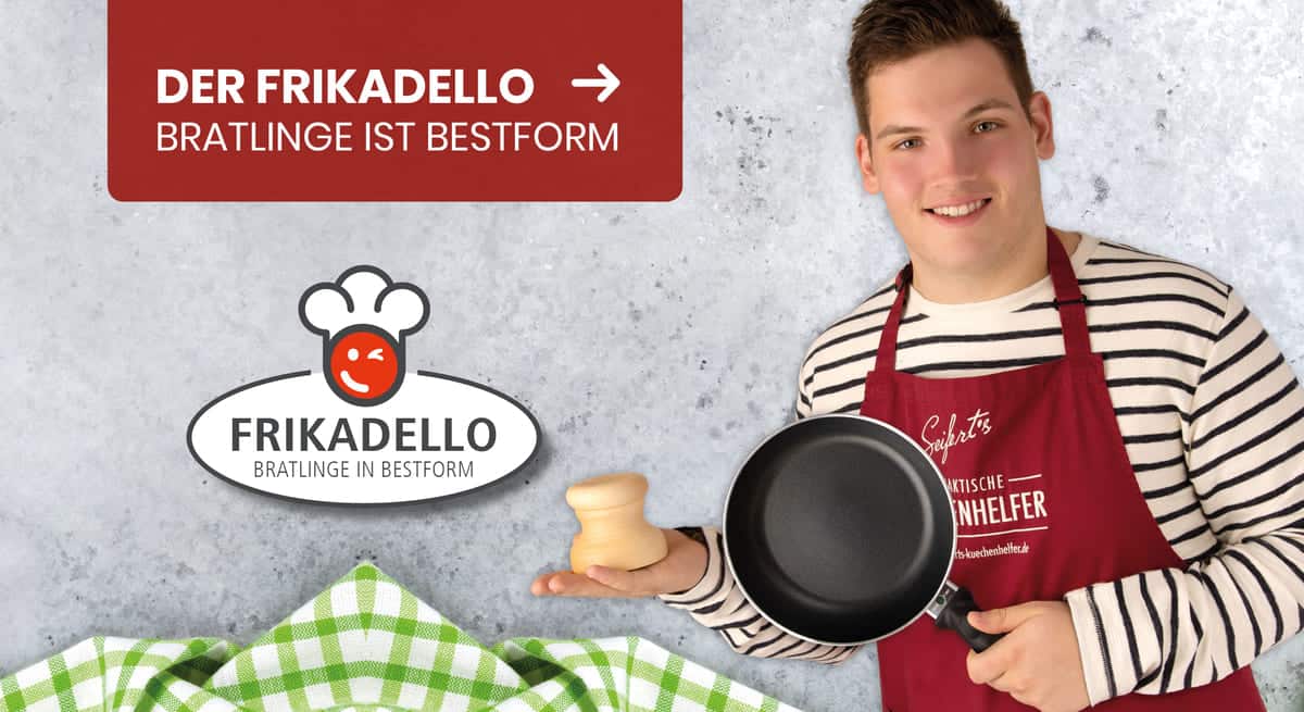 Teaserbild Frikadello, links Logo Frikadello, rechts junger Mann mit Bratpfanne und Frikadello in der Hand, lächelt ins Bild.